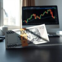 Japanese yen and US dollar banknotes on a desk with a blurry forex chart in the background