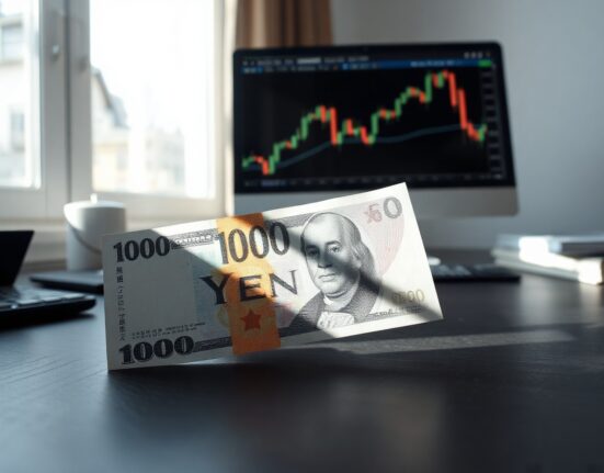Japanese yen and US dollar banknotes on a desk with a blurry forex chart in the background