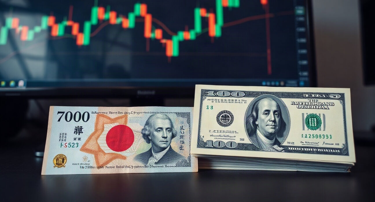 Japanese Yen and US Dollar banknotes on a trading desk with a chart in the background