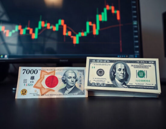 Japanese Yen and US Dollar banknotes on a trading desk with a chart in the background