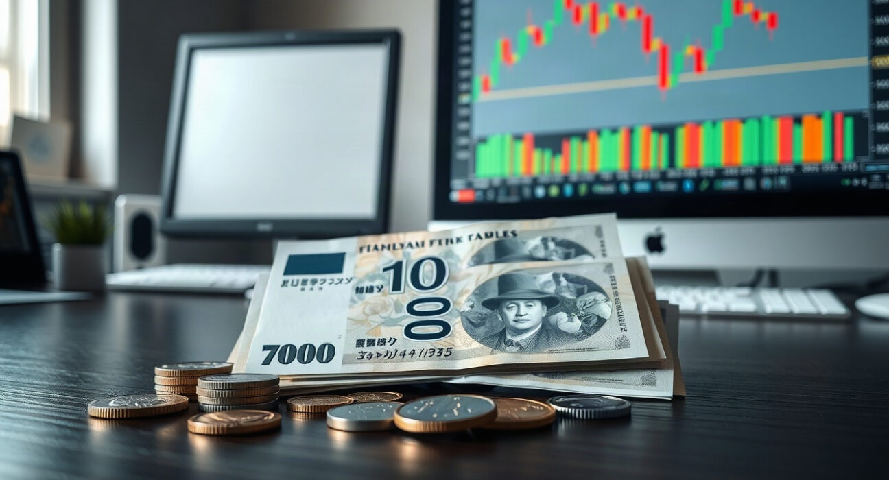Japanese yen banknotes and coins with a stock chart in the background
