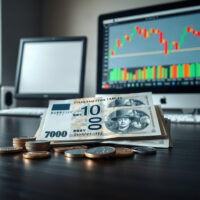 Japanese yen banknotes and coins with a stock chart in the background