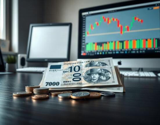 Japanese yen banknotes and coins with a stock chart in the background