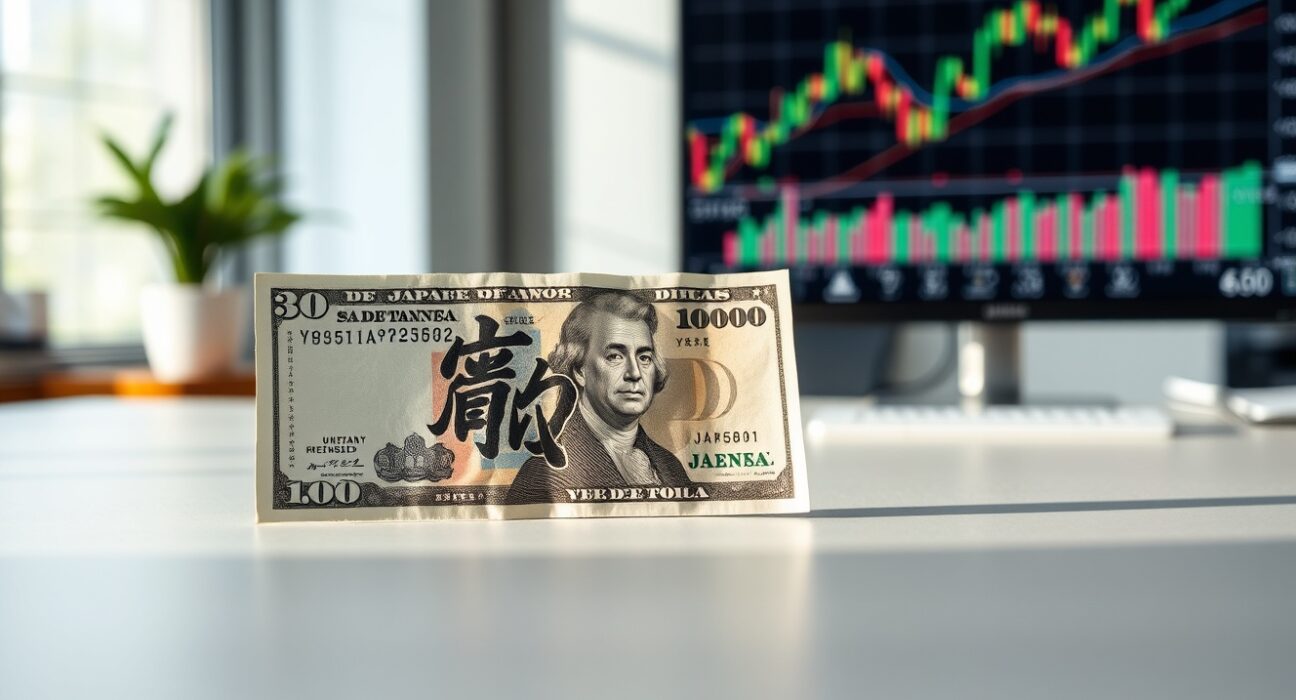 Japanese yen and US dollar banknotes with a forex chart in the background