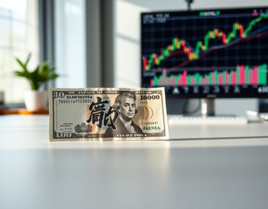 Japanese yen and US dollar banknotes with a forex chart in the background