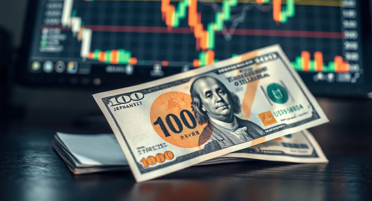 Japanese Yen and US Dollar banknotes on desk with forex chart in background