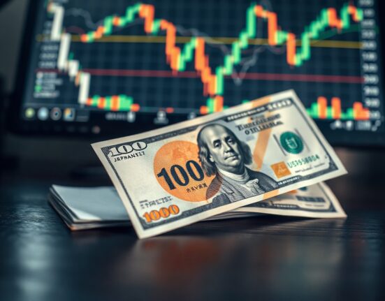Japanese Yen and US Dollar banknotes on desk with forex chart in background