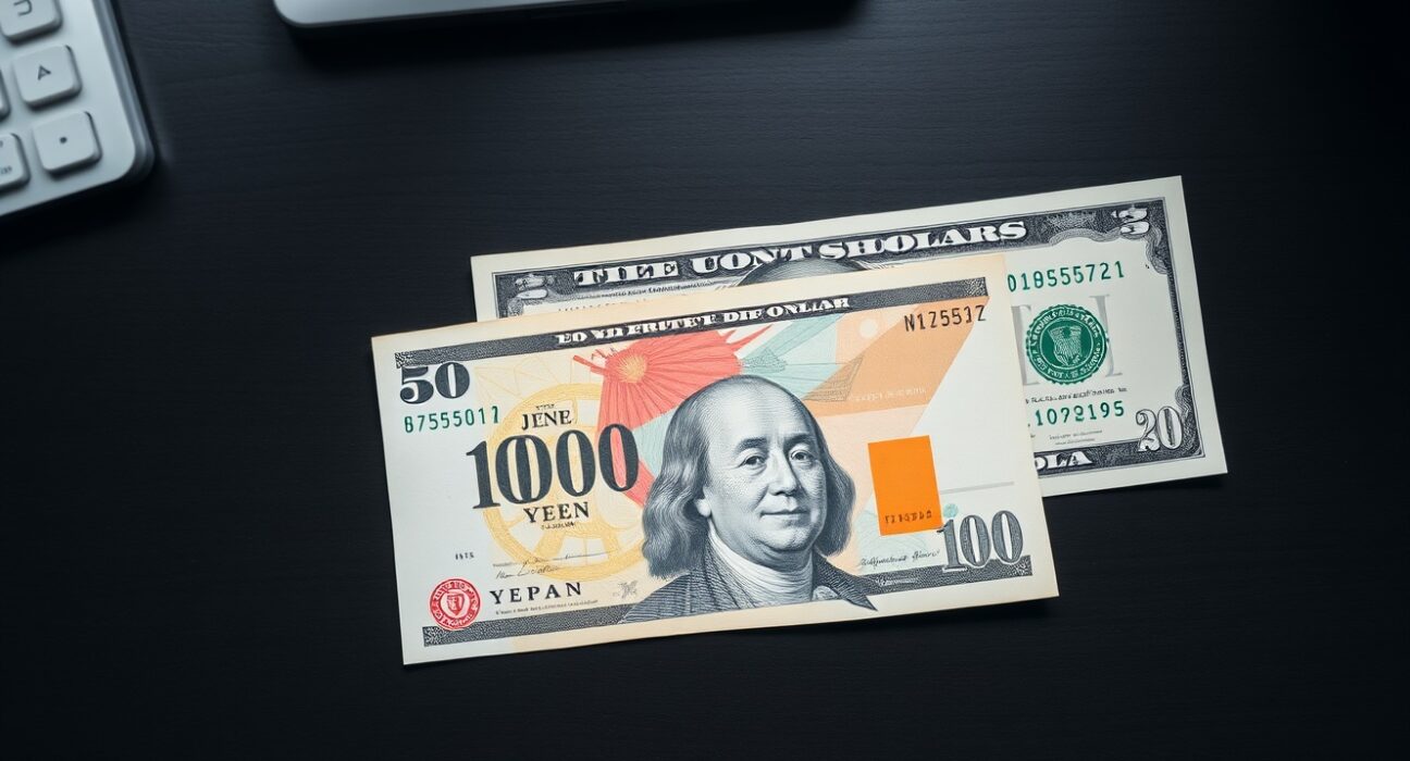 Japanese Yen and US Dollar banknotes on a desk representing forex exchange rate analysis