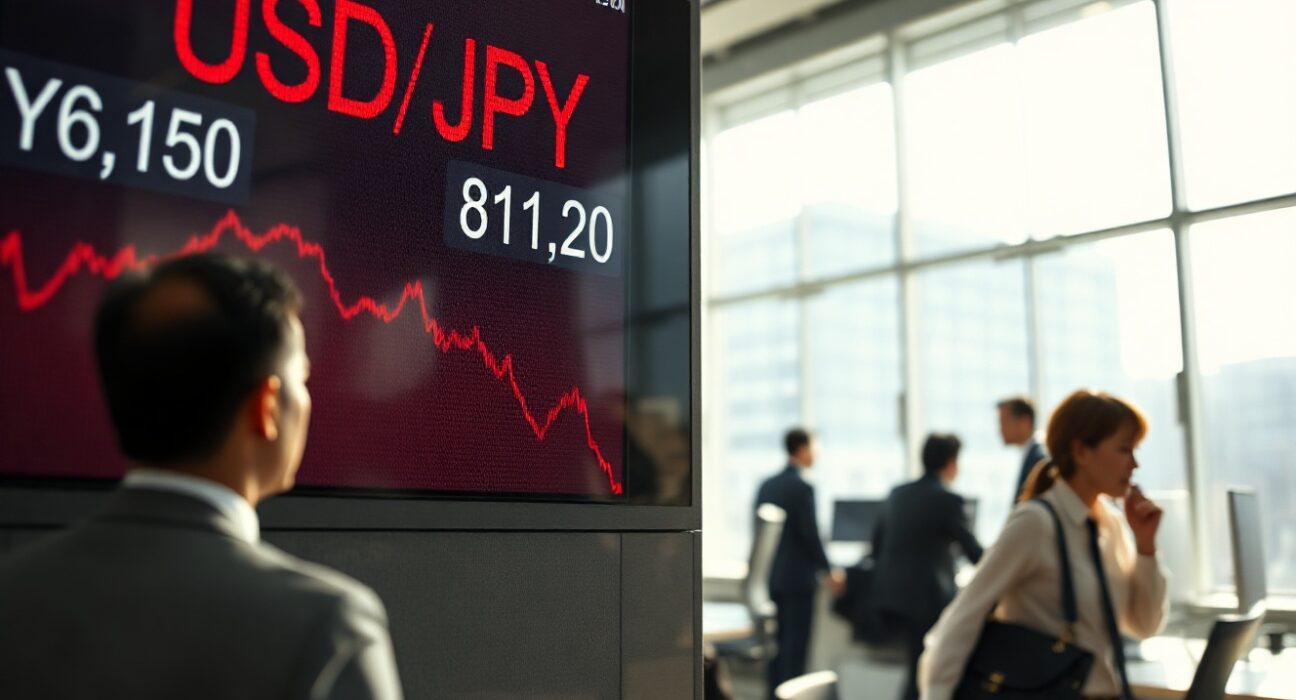 USD/JPY exchange rate board showing Yen decline in Tokyo financial district