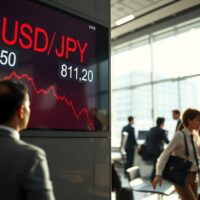 USD/JPY exchange rate board showing Yen decline in Tokyo financial district