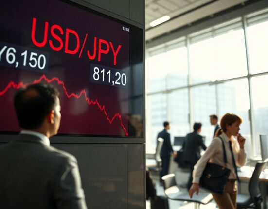 USD/JPY exchange rate board showing Yen decline in Tokyo financial district