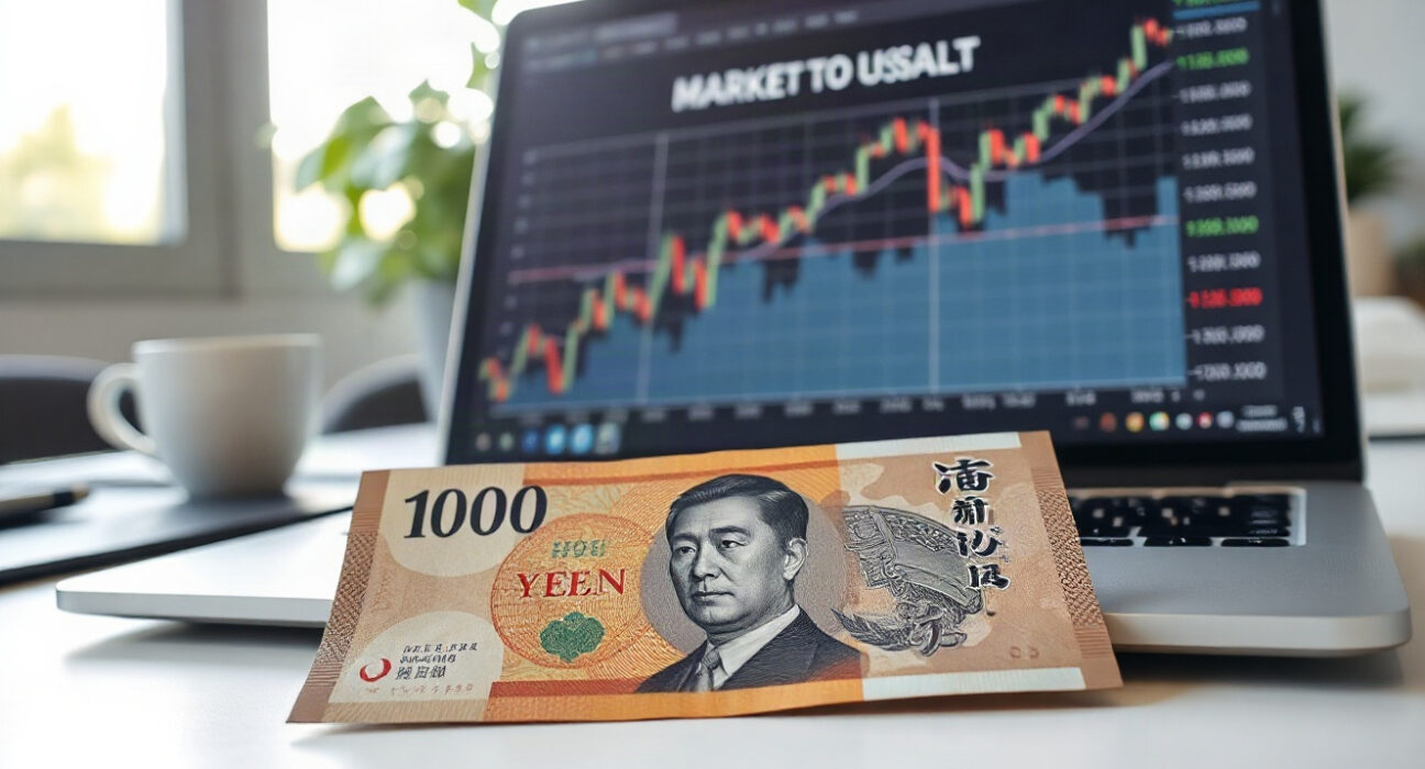 Japanese yen banknotes and a laptop displaying a financial chart in an office setting