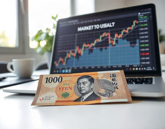 Japanese yen banknotes and a laptop displaying a financial chart in an office setting