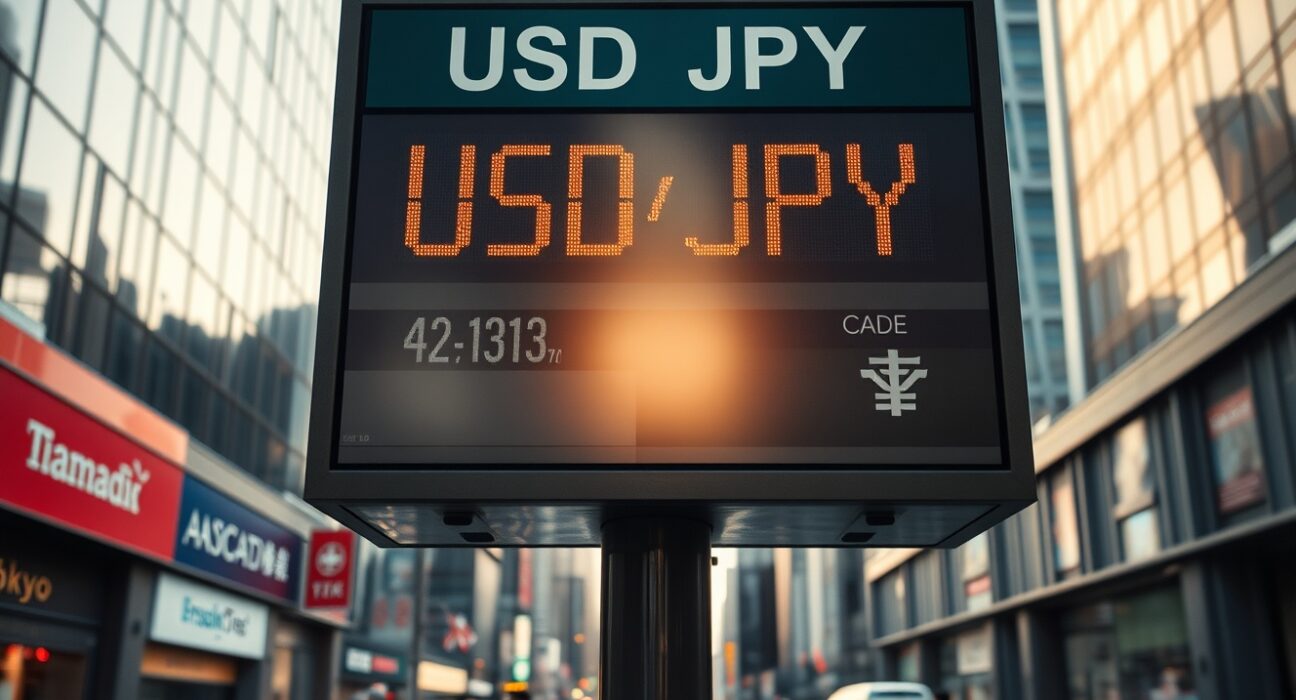 Currency exchange board showing high USD/JPY rate in Tokyo financial district