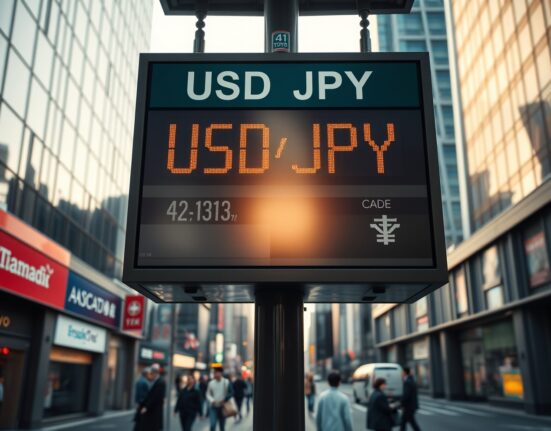 Currency exchange board showing high USD/JPY rate in Tokyo financial district