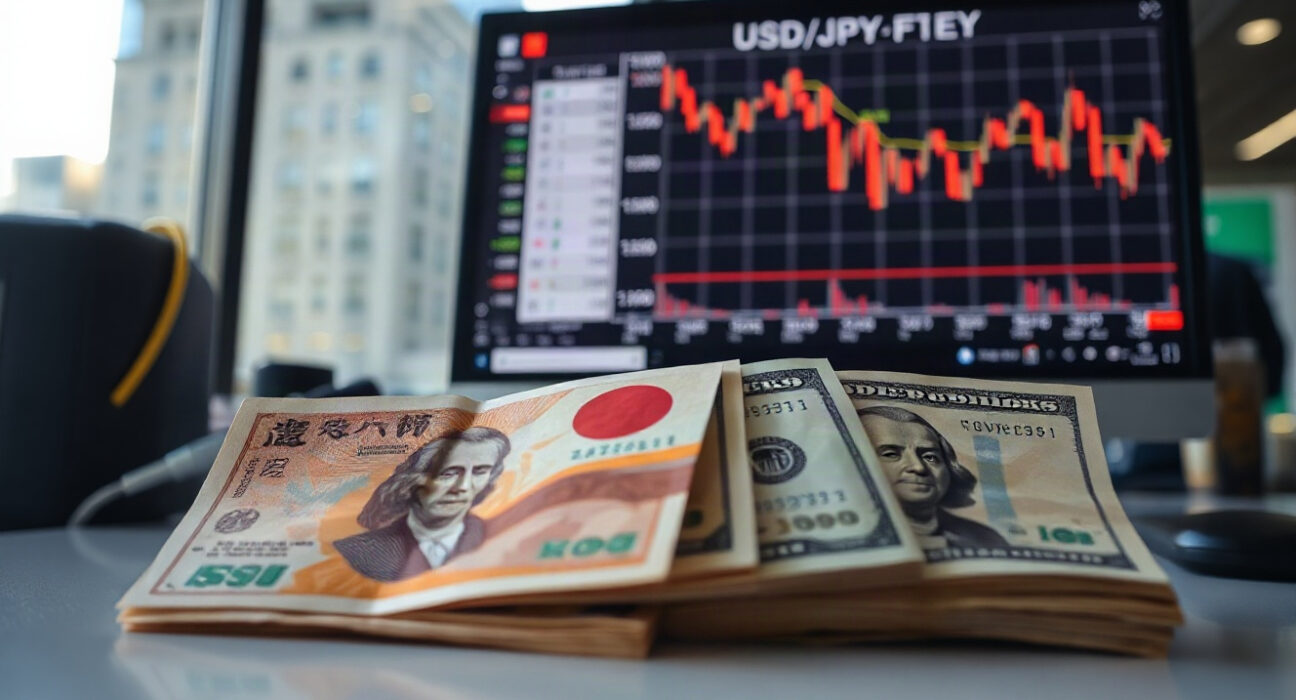 Japanese Yen and US Dollar banknotes with a declining USD/JPY chart on a screen