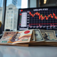 Japanese Yen and US Dollar banknotes with a declining USD/JPY chart on a screen