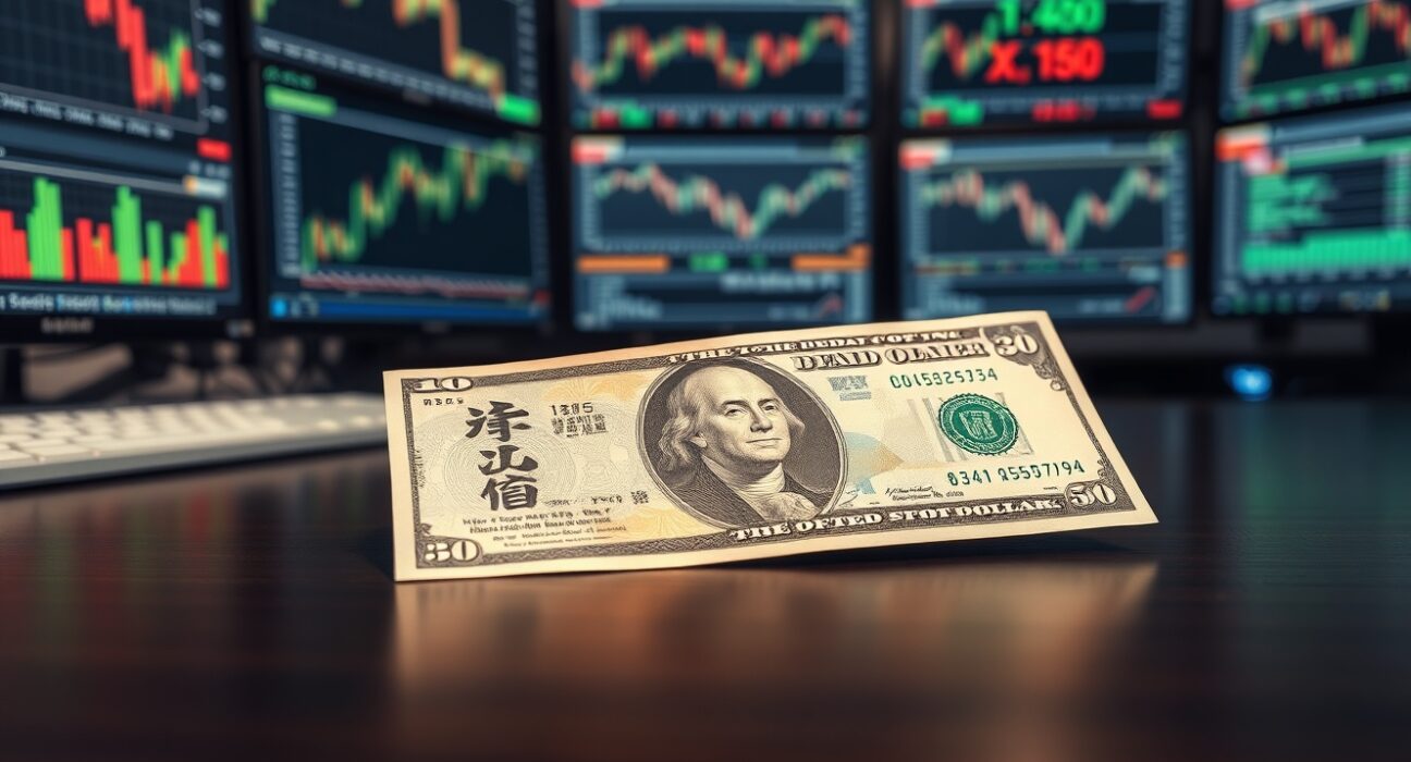 Japanese yen and US dollar banknotes on a trading desk with forex charts in background