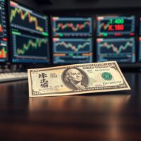 Japanese yen and US dollar banknotes on a trading desk with forex charts in background