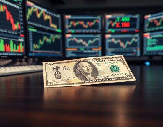 Japanese yen and US dollar banknotes on a trading desk with forex charts in background