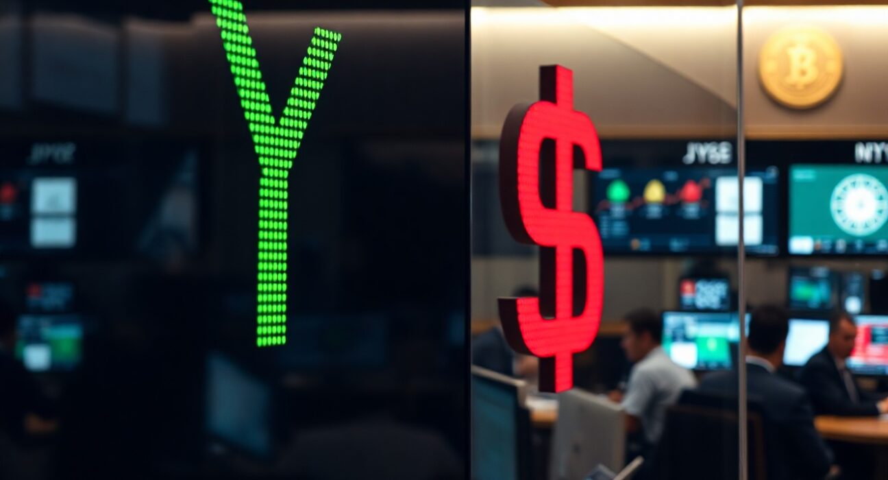Currency exchange board showing JPY and USD rates on a trading floor