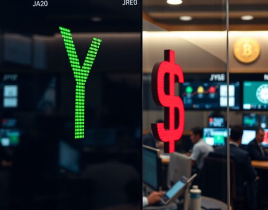 Currency exchange board showing JPY and USD rates on a trading floor
