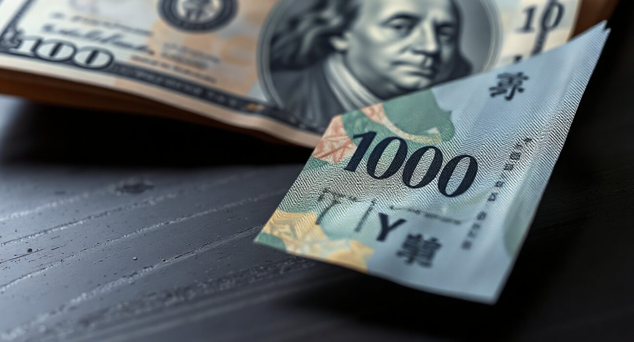 Close-up of a Japanese yen banknote and US dollar bill symbolizing currency market dynamics.
