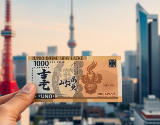 Japanese Yen banknote against Tokyo skyline representing currency market analysis amid Bank of