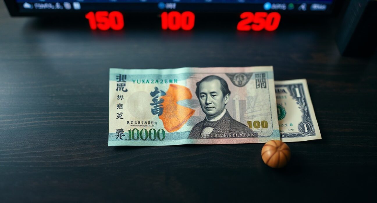 Japanese yen and US dollar banknotes on a desk with financial charts in the background.