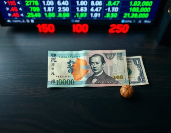 Japanese yen and US dollar banknotes on a desk with financial charts in the background.