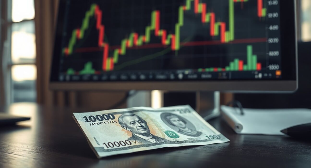 Japanese Yen banknotes with a computer screen showing USD/JPY chart in a trading office