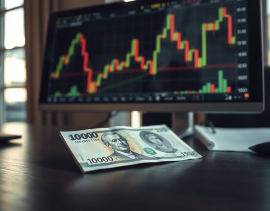 Japanese Yen banknotes with a computer screen showing USD/JPY chart in a trading office