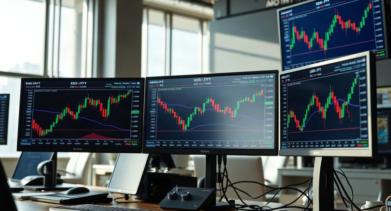 Forex trading desk with monitors showing USD/JPY charts and currency rates