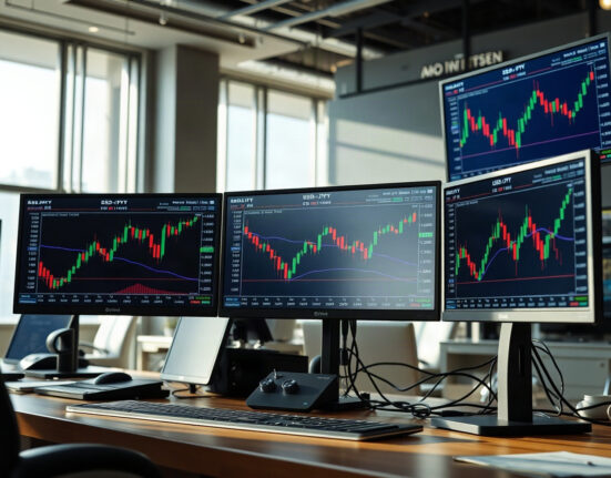 Forex trading desk with monitors showing USD/JPY charts and currency rates