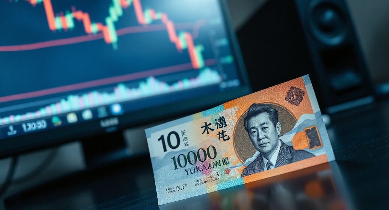 Japanese yen banknote on desk with forex chart on monitor showing USD/JPY decline