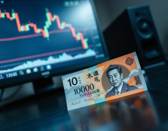Japanese yen banknote on desk with forex chart on monitor showing USD/JPY decline