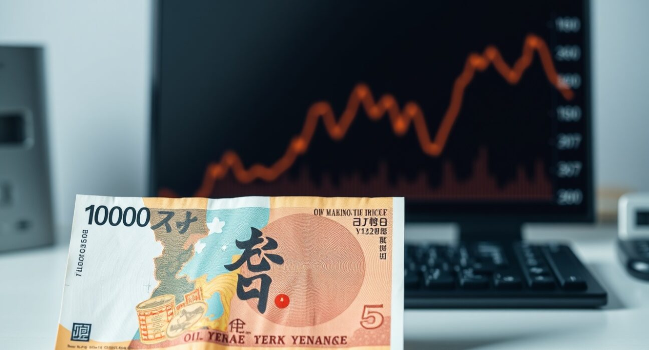 Japanese yen banknote and declining oil price chart on desk