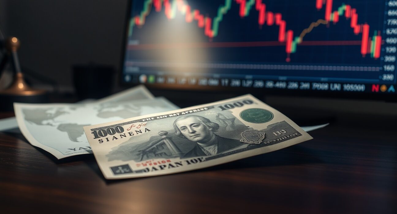 Japanese Yen banknote with a background showing a declining oil price chart, representing safe-haven demand and falling crude.