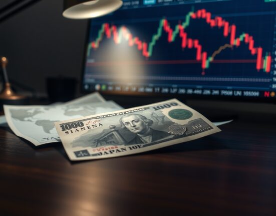 Japanese Yen banknote with a background showing a declining oil price chart, representing safe-haven demand and falling crude.