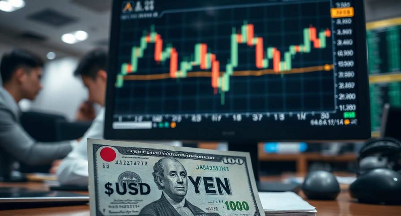 USD/JPY chart and currency notes on a trader's desk