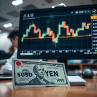 USD/JPY chart and currency notes on a trader's desk