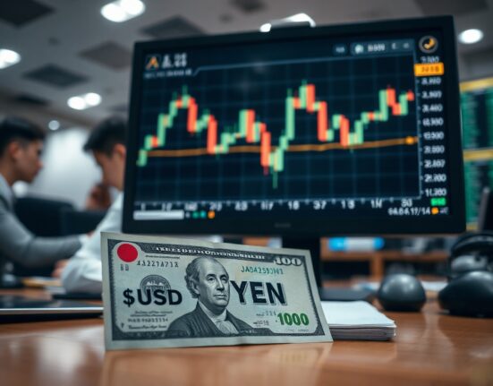 USD/JPY chart and currency notes on a trader's desk