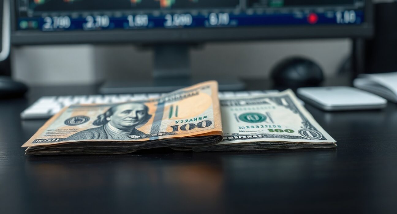 Japanese yen and US dollar banknotes on a desk representing currency market movements.