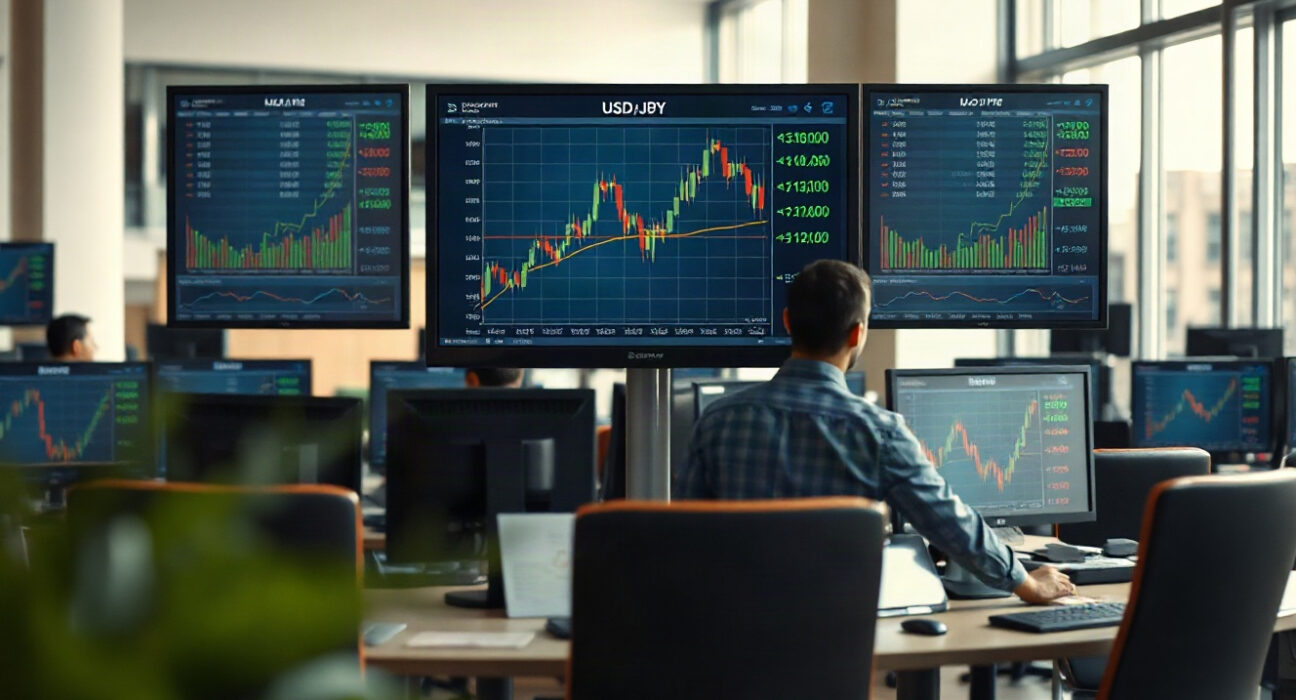 Foreign exchange trading desk with USD/JPY charts on monitors