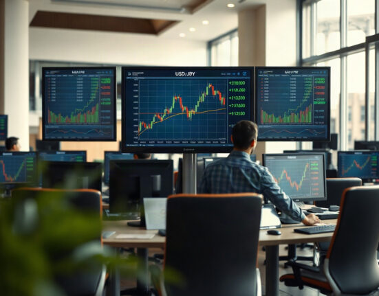 Foreign exchange trading desk with USD/JPY charts on monitors