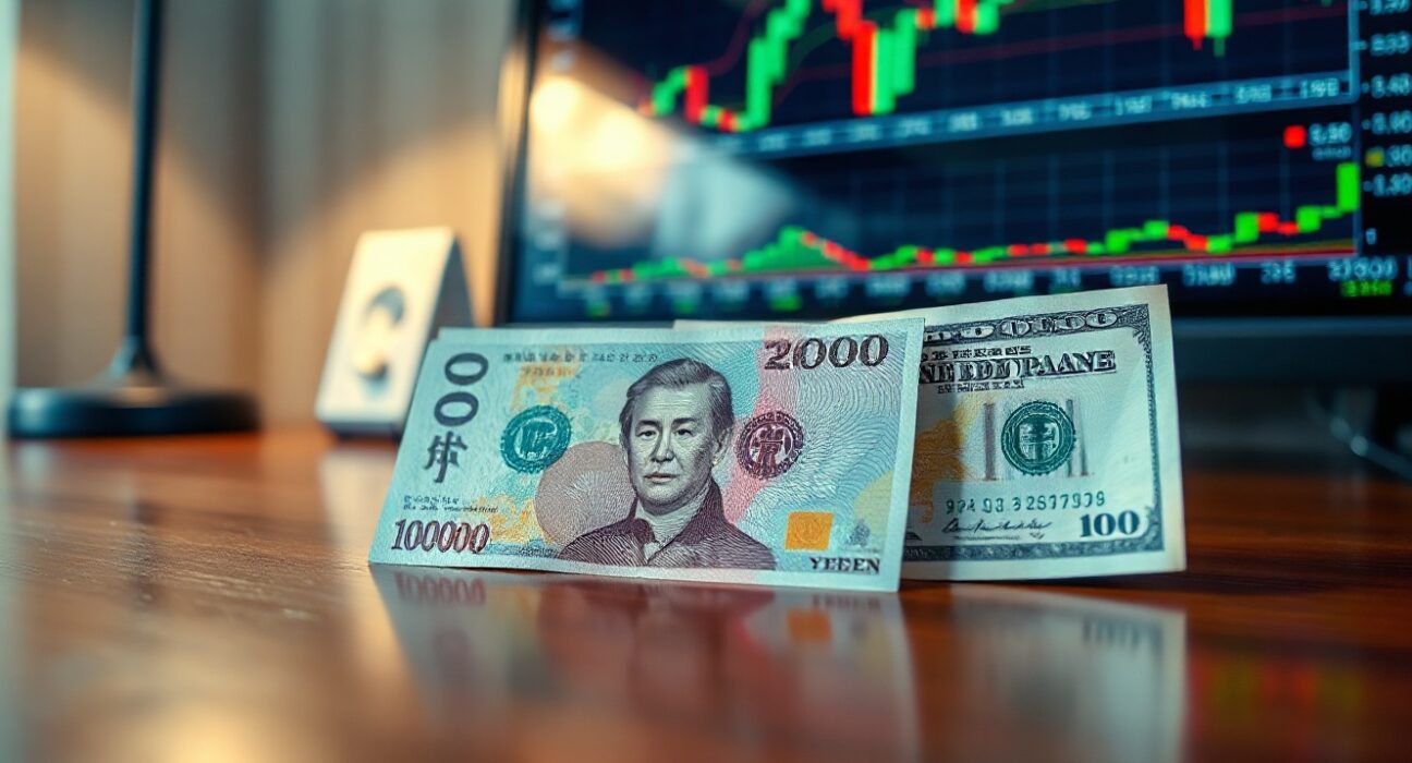 Japanese yen and US dollar banknotes on a desk with financial charts in the background