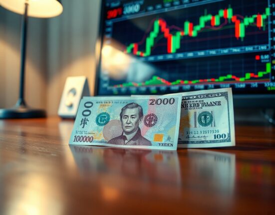 Japanese yen and US dollar banknotes on a desk with financial charts in the background
