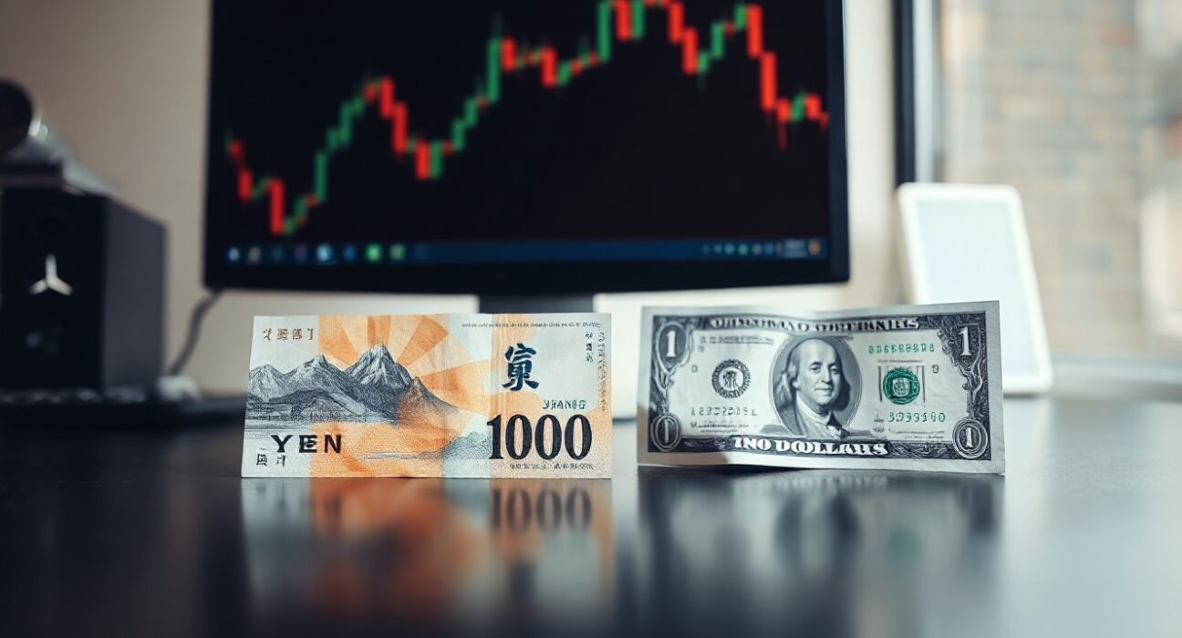 Japanese Yen and US Dollar banknotes on a desk with a chart in the background, symbolizing forex market movements.