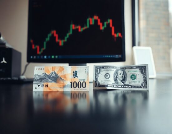 Japanese Yen and US Dollar banknotes on a desk with a chart in the background, symbolizing forex market movements.