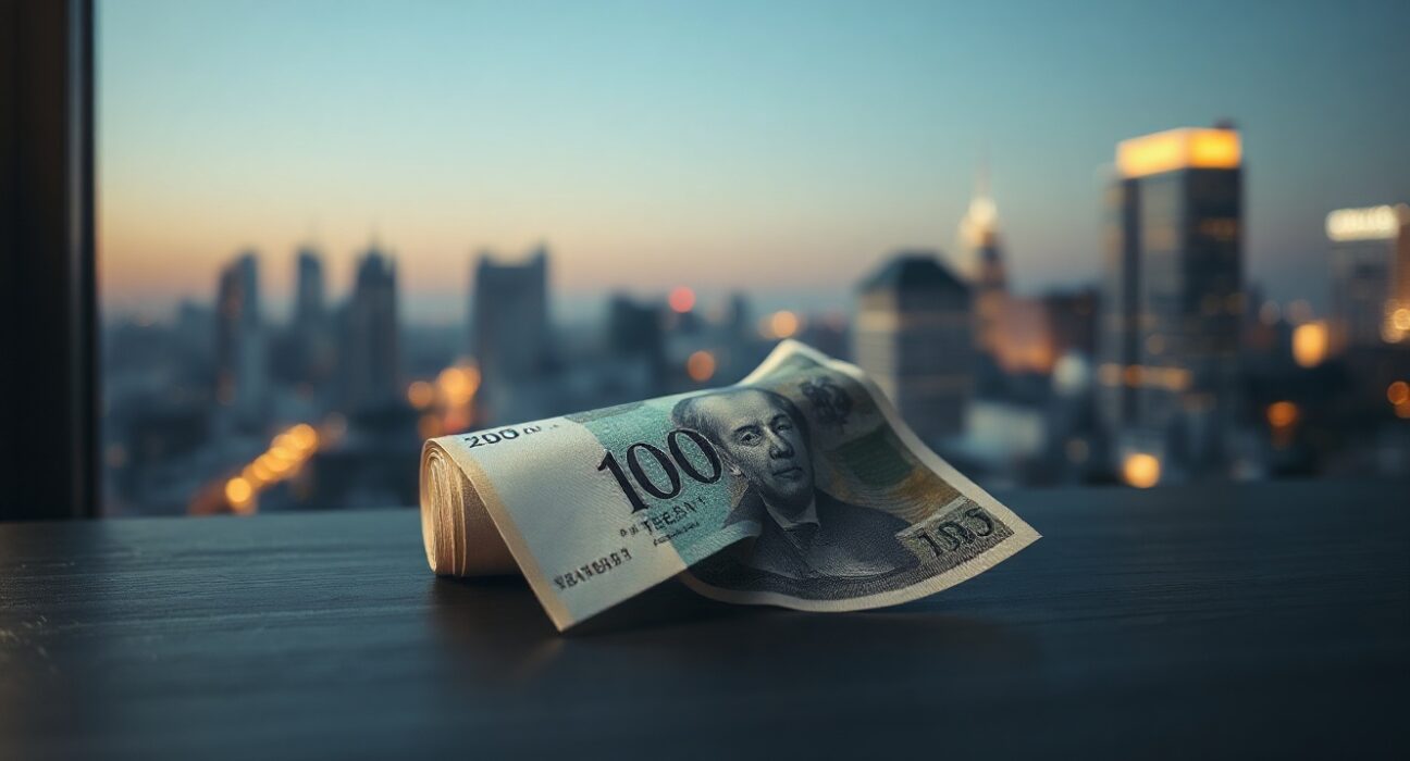Japanese Yen banknote on desk with blurred city skyline background
